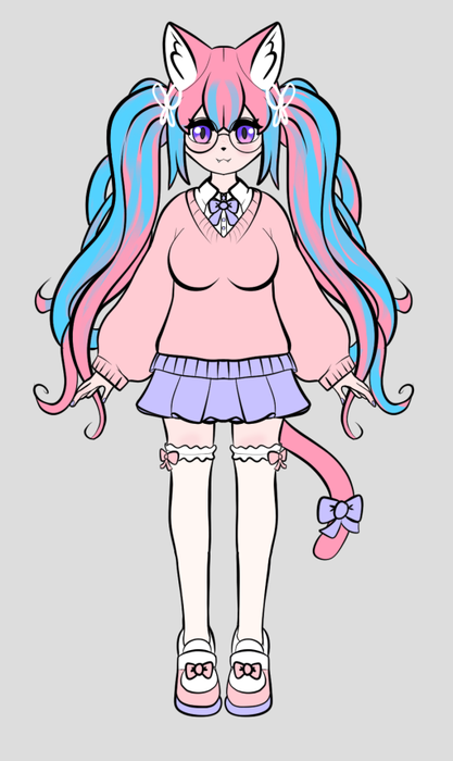 Full-body pink and blue anime catgirl design wearing a lavender school uniform, white stockings, and sandals