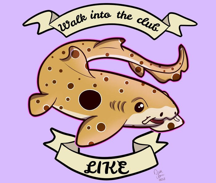 Cute spotted epaulette shark framed by banners reading walk into the club like
