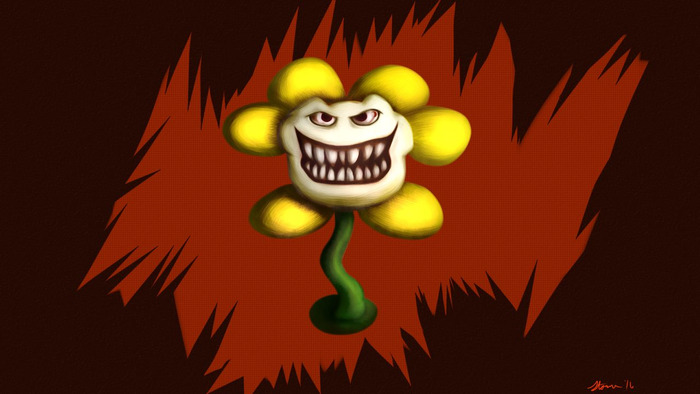 Grinning yellow Flowey with shadowed eyes against a jagged red-and-black background