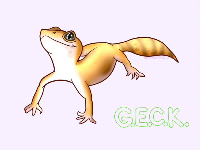 Yellow and brown leopard gecko standing upright with its legs spread beside mint-green lettering