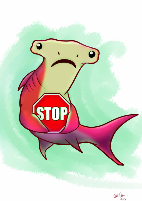 Hammerhead shark holding a red stop sign against a mint watercolor-like background