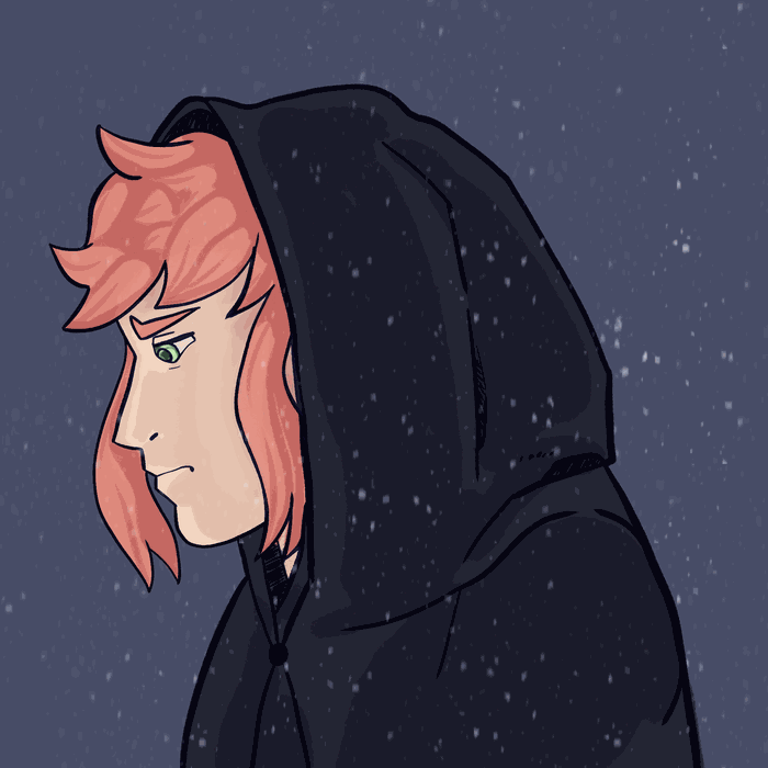 Animated side profile of a pink-haired person in a black hood while snow falls around them