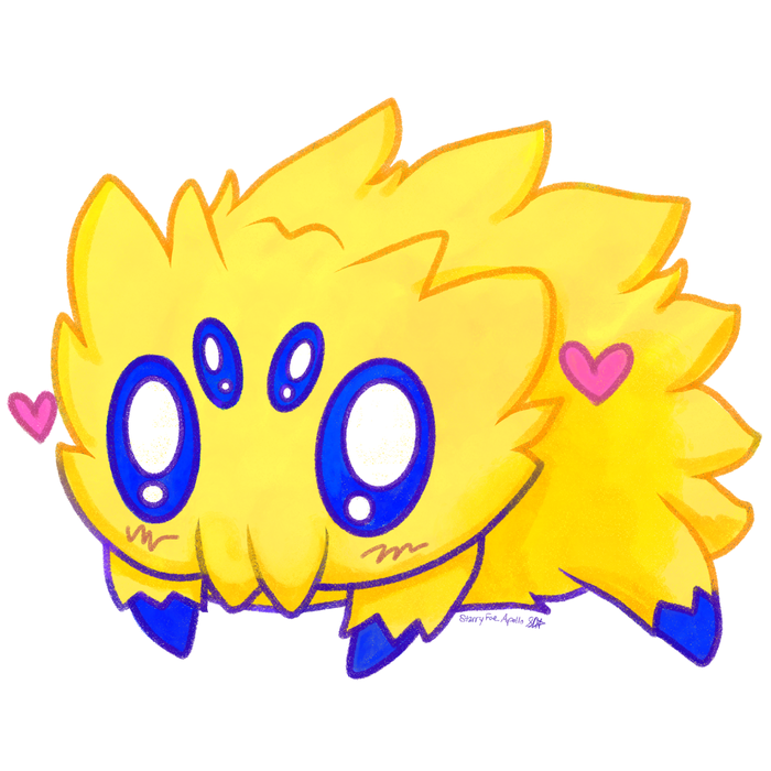 Fluffy yellow Joltik with enormous blue eyes, tiny purple feet, and pink hearts