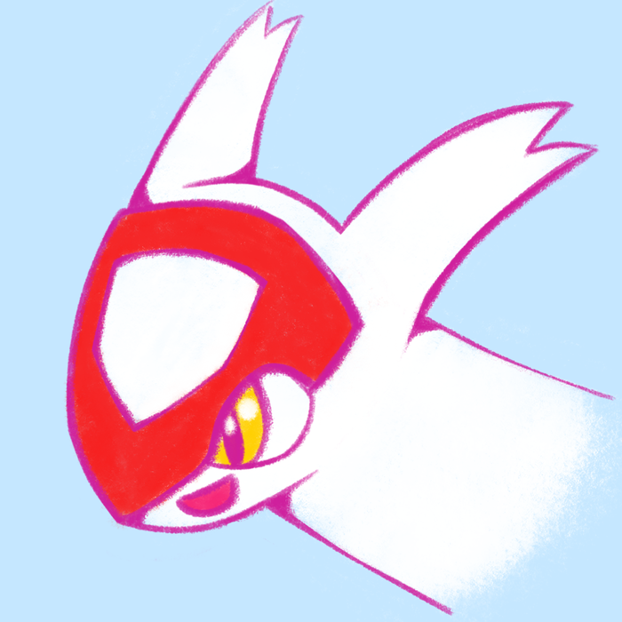 Simplified pink and white Latias head in profile against a pale blue background