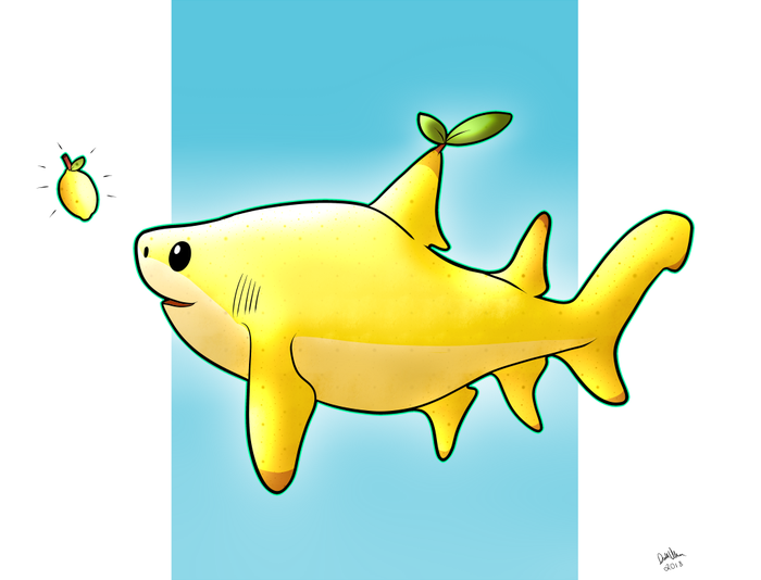 Cute yellow lemon shark with a leaf-shaped fin looking toward a tiny floating lemon