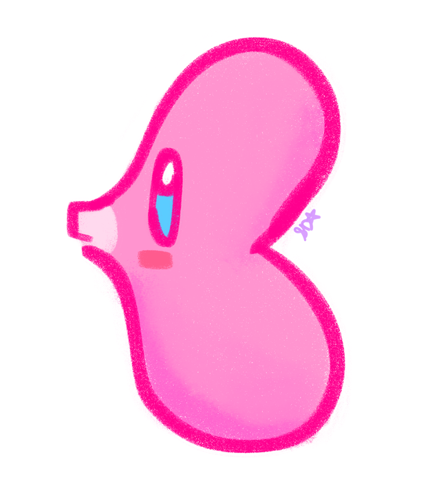 Bright pink heart-shaped Luvdisc drawn with a tiny Kirby-like face