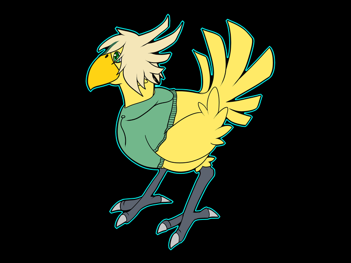 Stylized Chocobo wearing a green hoodie against black