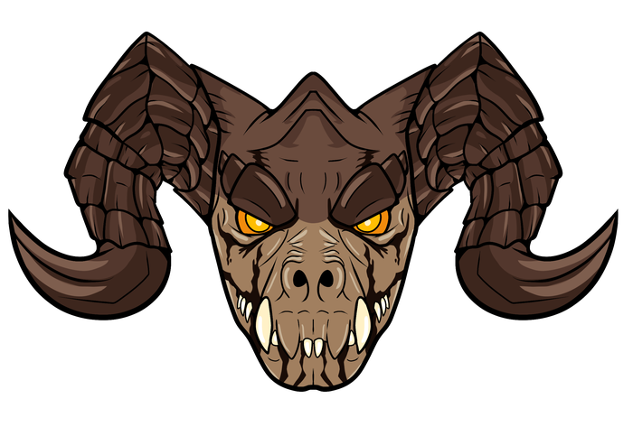 Symmetrical brown horned Deathclaw with glowing yellow eyes and heavy curled horns