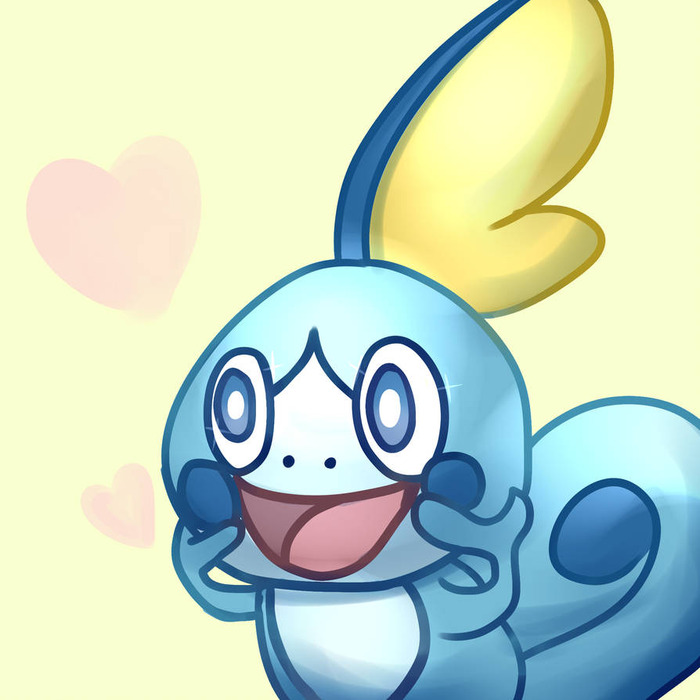Round blue Sobble clasping both cheeks with a delighted open smile and pale pink hearts