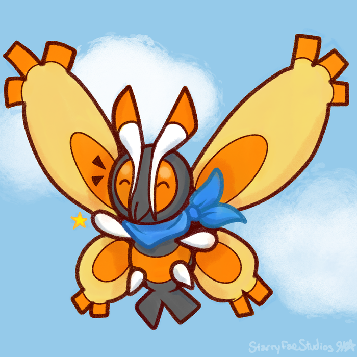 Bright orange and yellow Mothim hovering against a cloudy blue sky