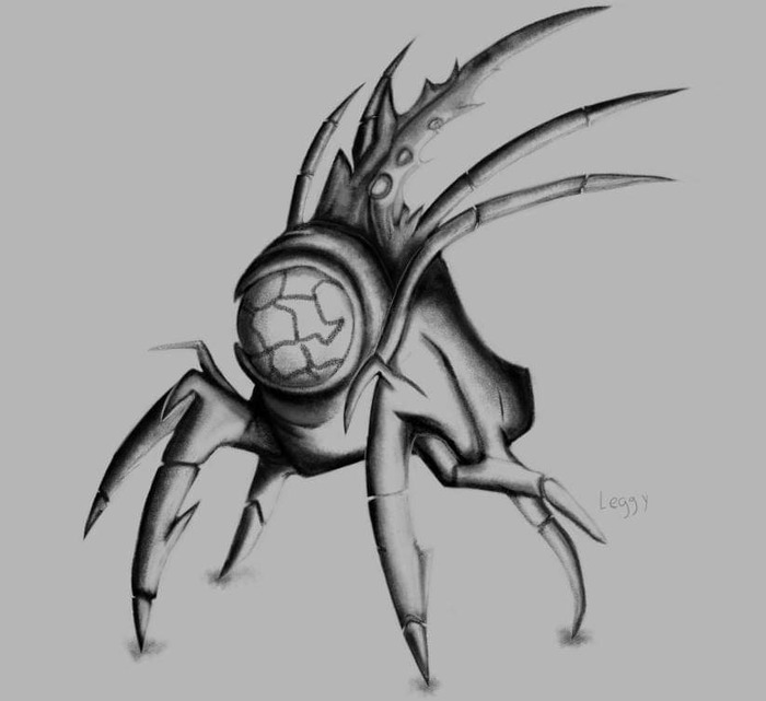 Grayscale sketch of a long-legged Ing with a round segmented eye and appendages