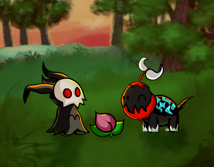 Two small black, red, cream, and teal Pokémon fusion characters exploring a grassy forest clearing at sunset