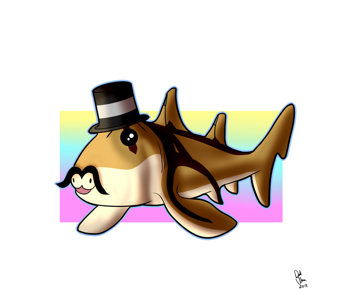 Cute brown Port Jackson shark wearing a black top hat and curled white moustache