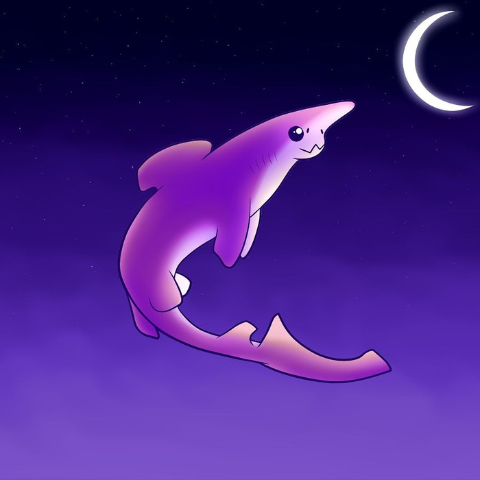Purple goblin shark in a deep blue night sky beneath a bright crescent moon