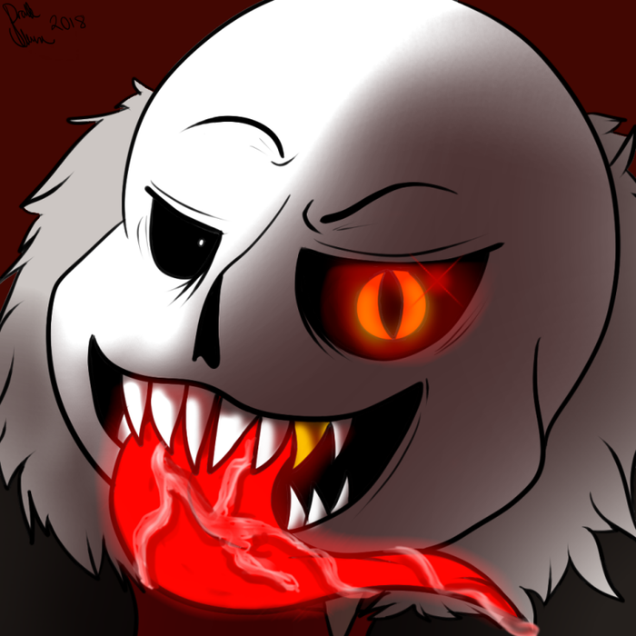 Menacing Underfell Sans with one glowing red eye, sharp teeth, and vivid saliva against a dark background
