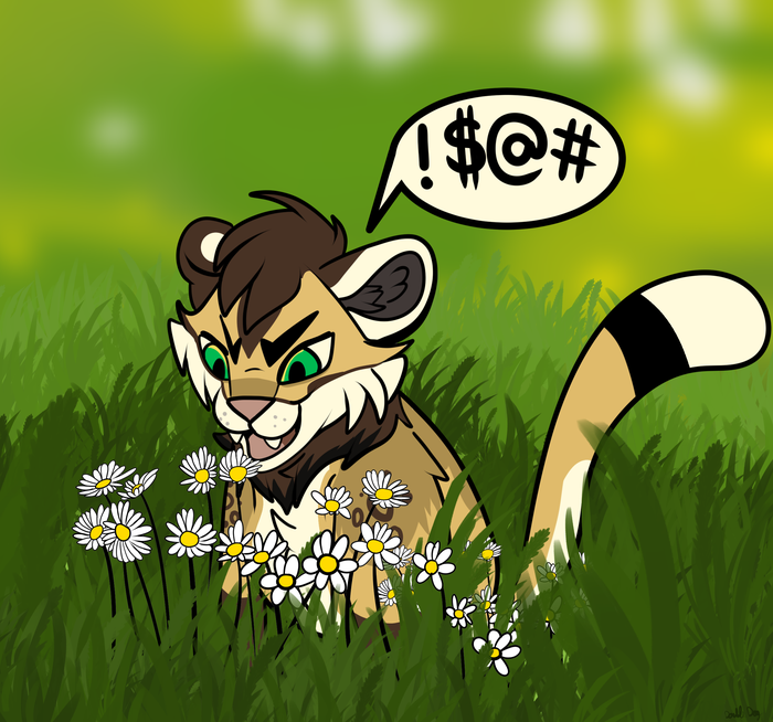 Brown and cream cat character crouched among white daisies with an angry symbol-filled speech bubble