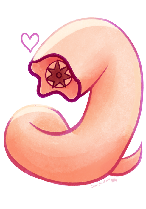 Cute pink sandworm curled into a heartlike shape with a round tooth-lined mouth
