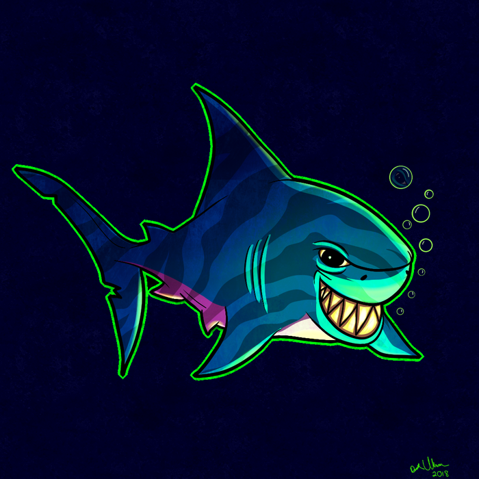 Teal shark with a wide toothy grin, purple stripes, neon outlines, and bubbles against dark blue water