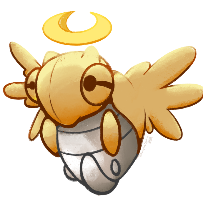 Soft golden Shedinja floating with a bright halo above its head