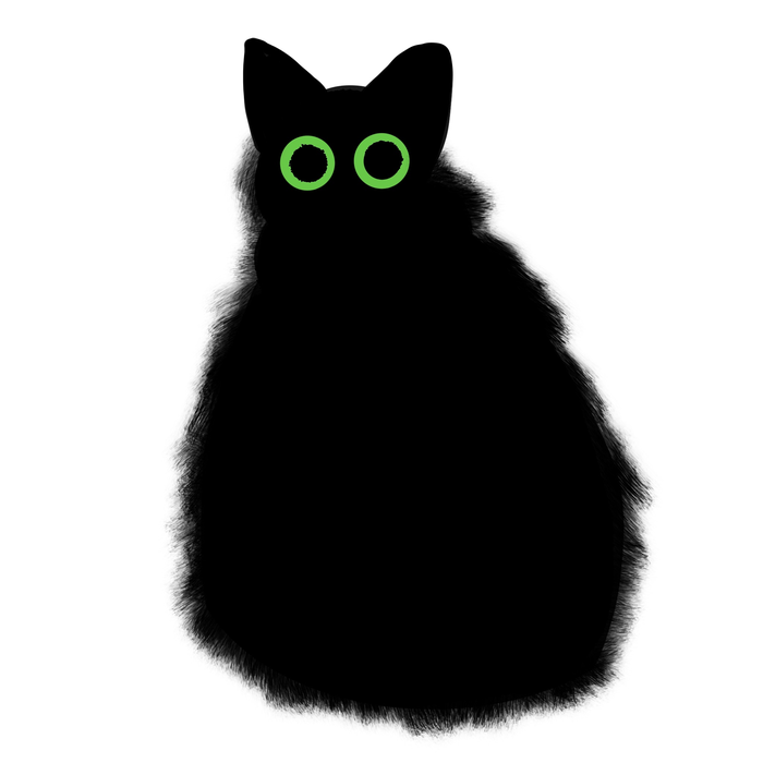 Fluffy black cat silhouette with two bright green ring-shaped eyes on white