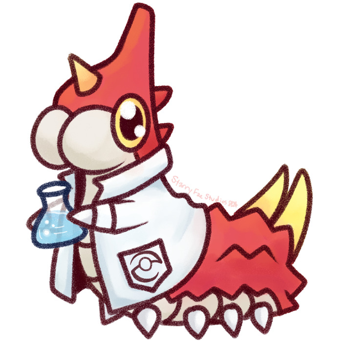 Red and cream Wurmple wearing a white lab coat and holding a blue chemistry flask