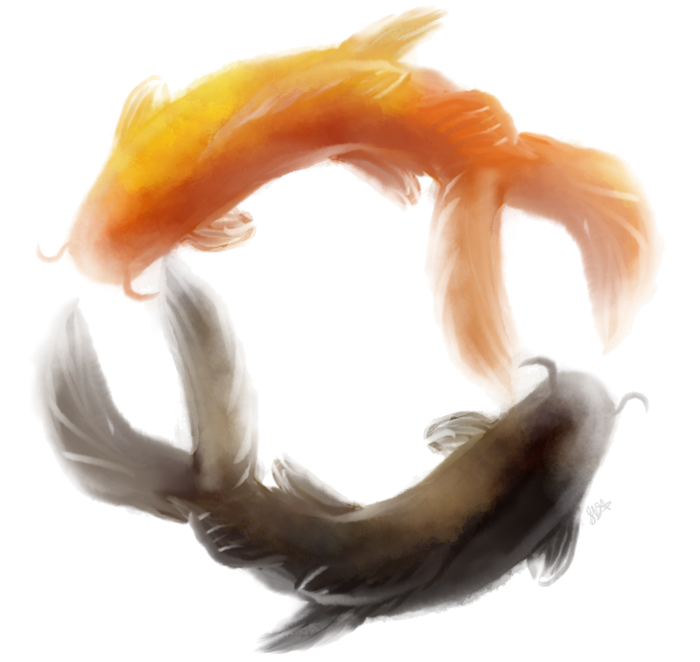 Orange, gray, and black koi painted with soft flowing brushstrokes and arranged in a circle