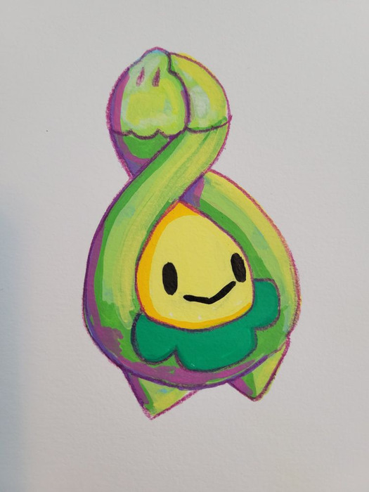 Bright green Budew drawn in acrylic marker with purple outlines and a simple smiling face