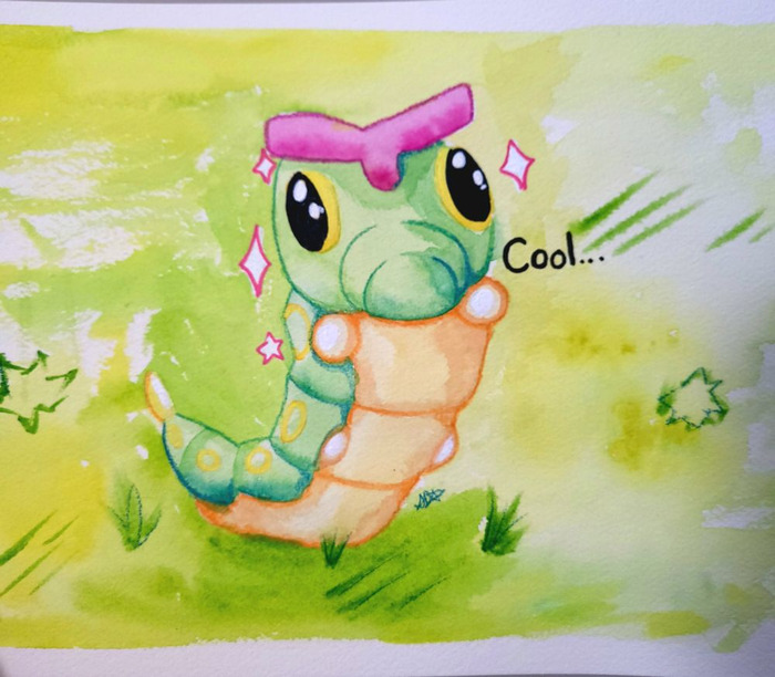 Cheerful green Caterpie sparkling in a grassy watercolor scene with the handwritten word Cool