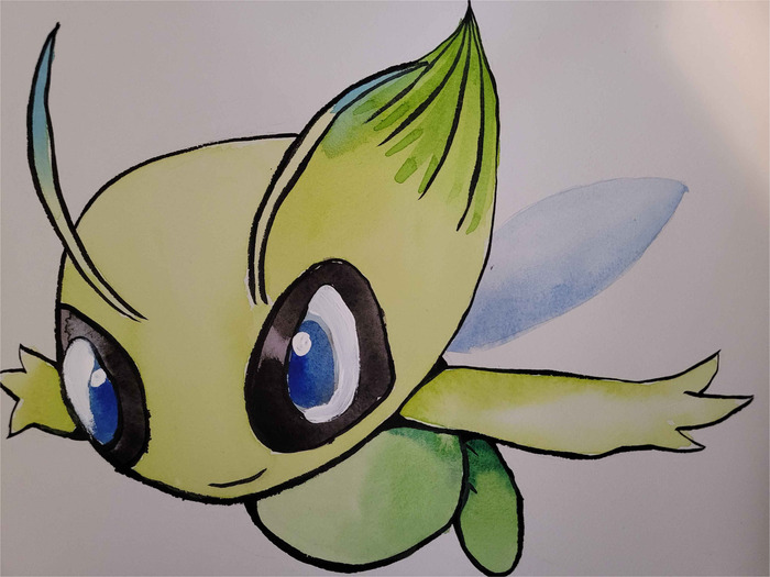 Close-up watercolor of Celebi flying forward with large blue eyes and pale translucent wings