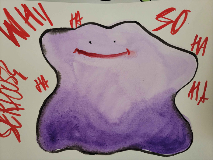 Purple watercolor Ditto smiling calmly while surrounded by frantic red handwritten marks