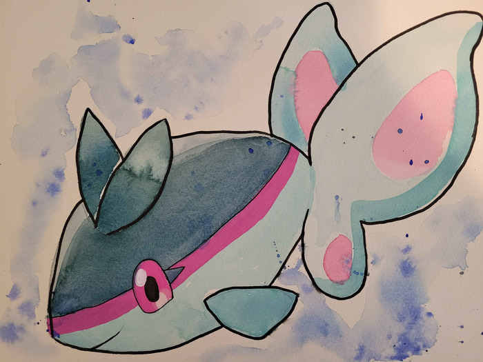 Blue, pink, and gray Finneon swimming across a pale mottled watercolor background