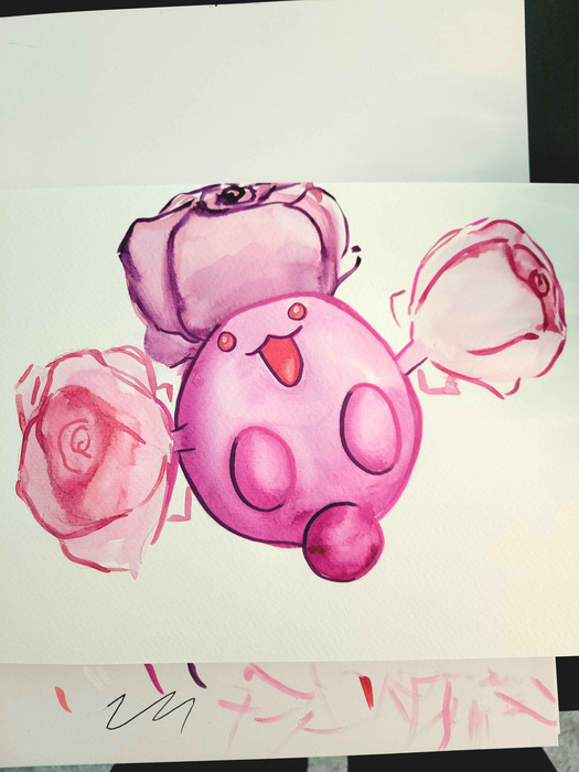 Pink shiny Jumpluff painted on a sketchbook page