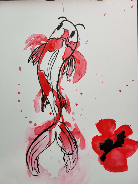 Gestural black and red ink-wash koi swimming beside vivid red poppies and scattered paint splashes