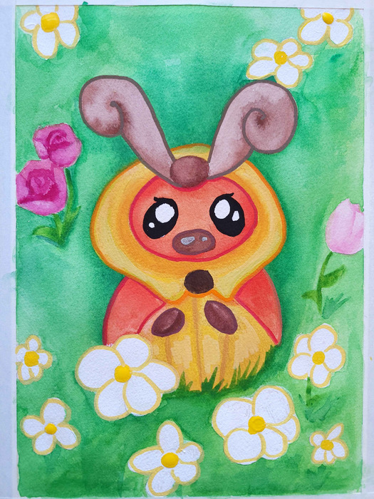 Orange Kricketot standing among white daisies and pink flowers against a rich green watercolor background