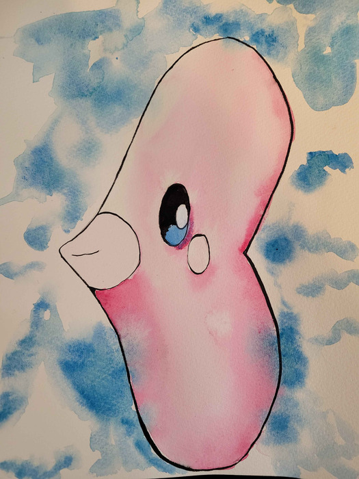 Soft pink Luvdisc floating against a mottled blue watercolor background