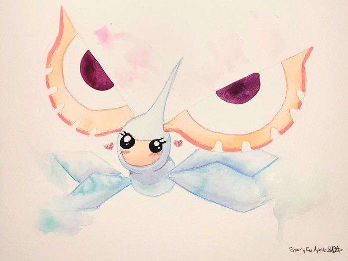 Pastel Masquerain hovering with pink, orange, and pale blue wings against a light blue wash