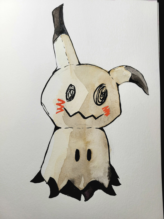 Mimikyu standing on white paper in muted yellow, gray, and black watercolor and ink