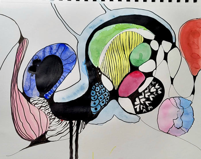Flowing abstract neurographic forms filled with blue, black, pink, green, and patterned sections with black paint drips
