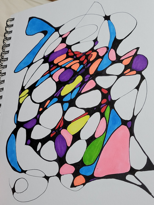 Interlocking neurographic shapes filled with colorful pebble-like marks, gray fields, and blue and pink accents