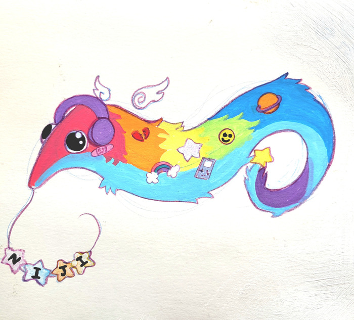 Long-bodied rainbow worm on a string decorated with 90s kidcore deco, stars, planets, and a kandi bracelet saying NIJI