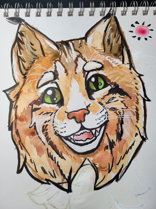 Smiling orange lynx head with green eyes, black spots, and expressive ink lines on a spiral sketchbook