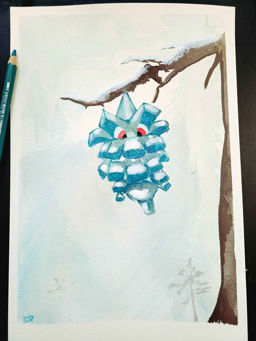 Blue Pineco hanging from a bare snowy branch against a pale icy watercolor background