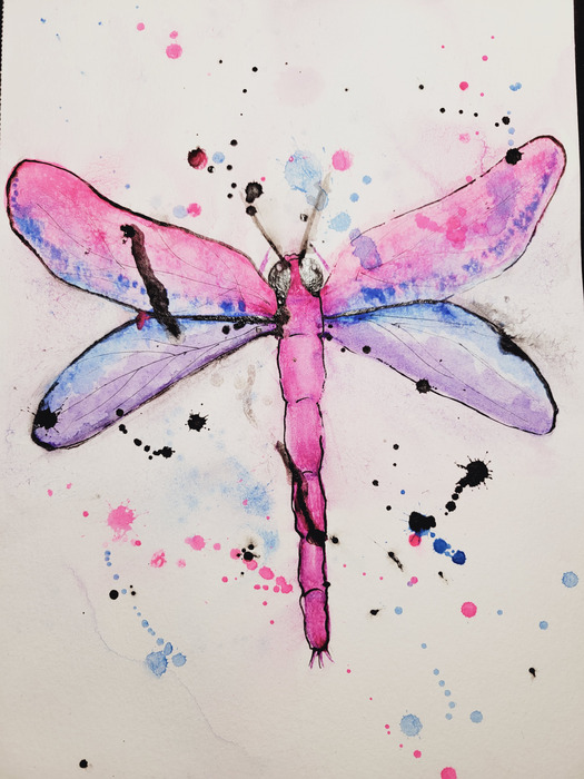 Pink and purple dragonfly with translucent wings surrounded by black and magenta paint splatters