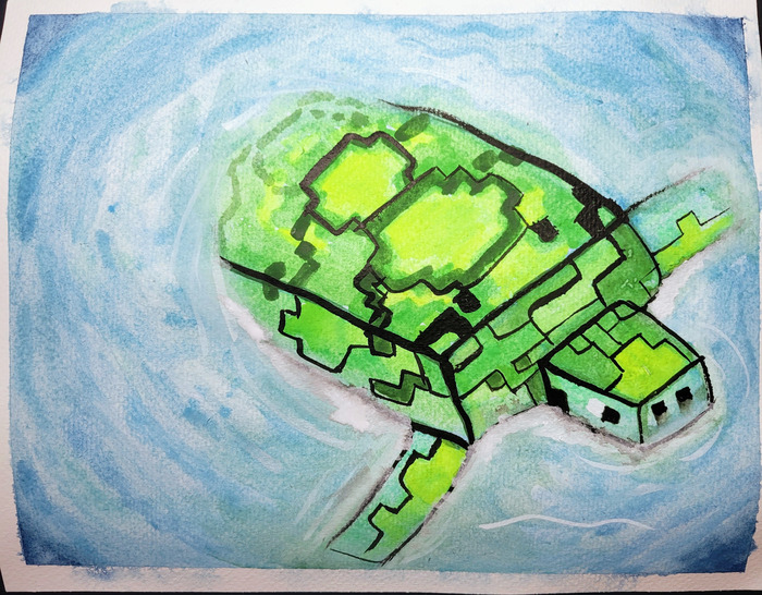 Blocky minecraft-style green sea turtle swimming through a circular blue watercolor current