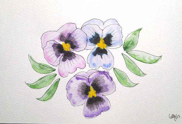 Three soft purple pansies with yellow centers and green leaves painted in watercolor