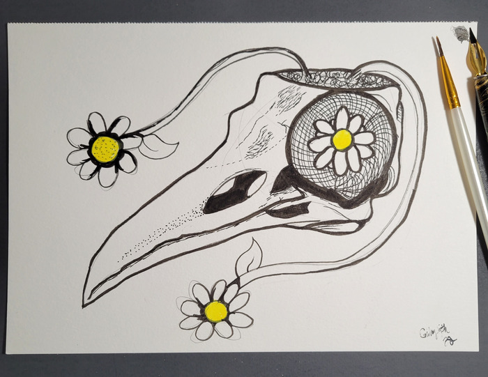 Detailed black ink drawing of a long animal skull entwined with simple white-and-yellow daisies