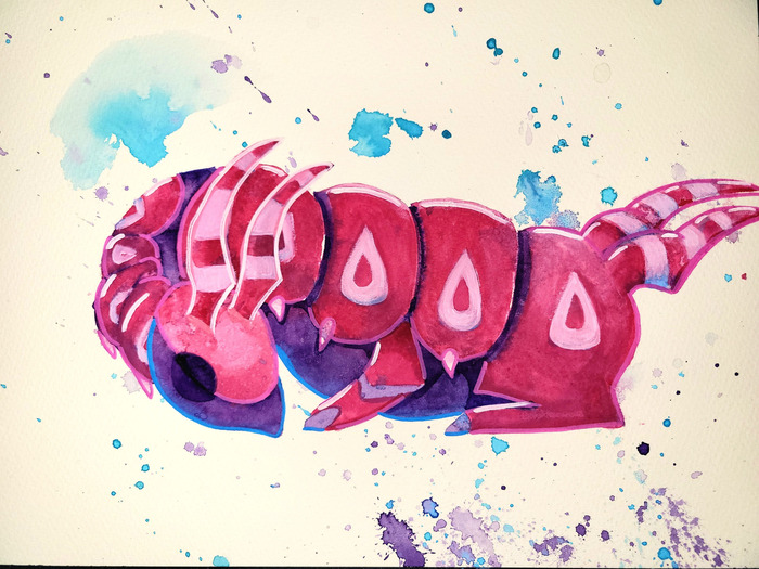 Red and purple sleeping Scolipede painted in profile with bright blue and purple splatters around it