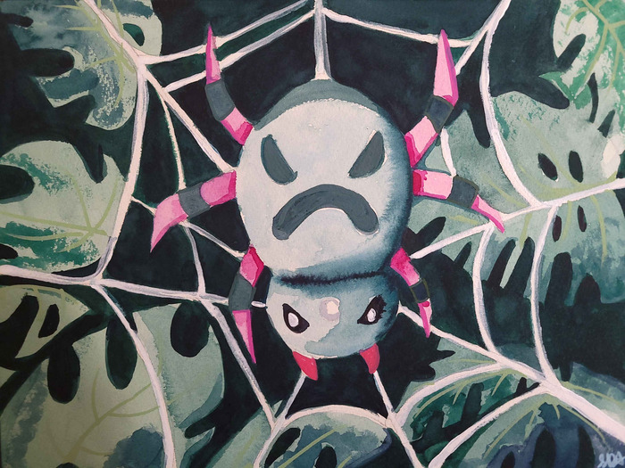 Spinarak hanging in a web surrounded by dark green monstera leaves