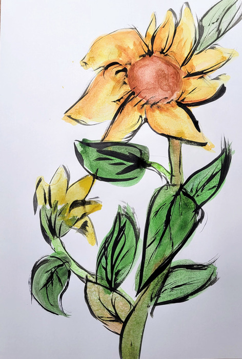 Loose sumi-e inspired sunflower with golden petals, dark center, and sweeping green-and-black leaves
