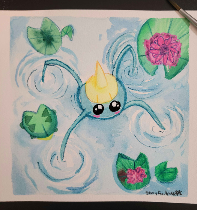 Small blue Surskit skimming across curling water ripples among green and pink lily pads and Lotads